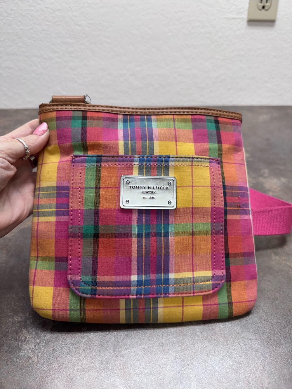 Tommy Hilfiger Multicolor Plaid Crossbody Bag with Pink Strap